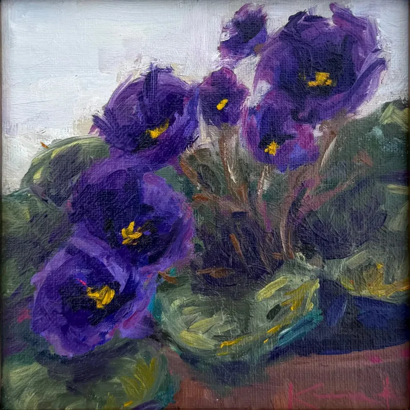 Cluster of deep purple violet blossoms with yellow centers and green leaves in pot