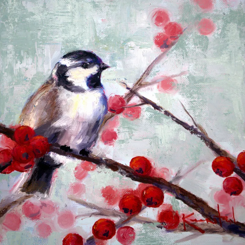 painting of a chickadee perched among branches with bright red winter berries