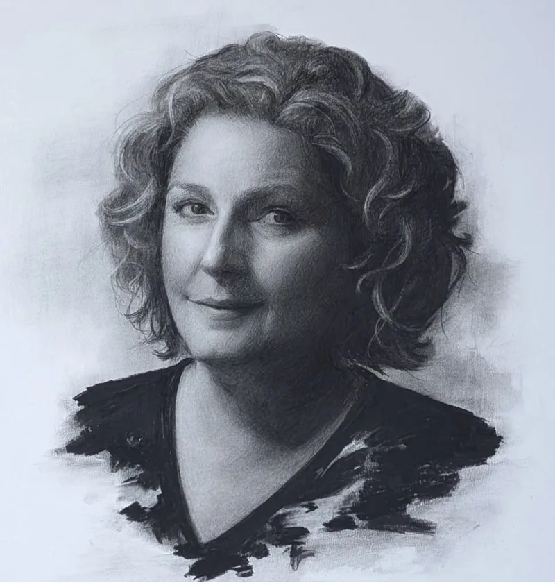 Black-and-white charcoal portrait of a woman with short curly hair.