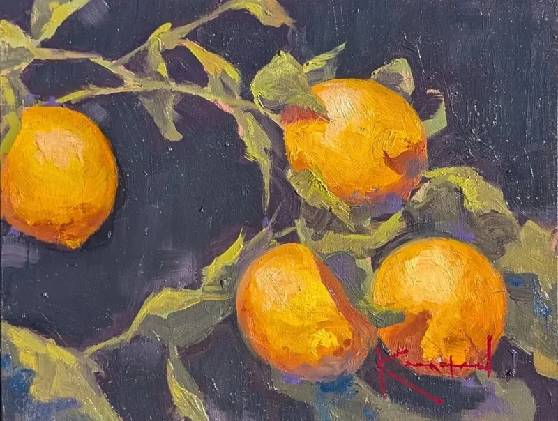 Four bright yellow lemons on leafy branches against a dark moody background.