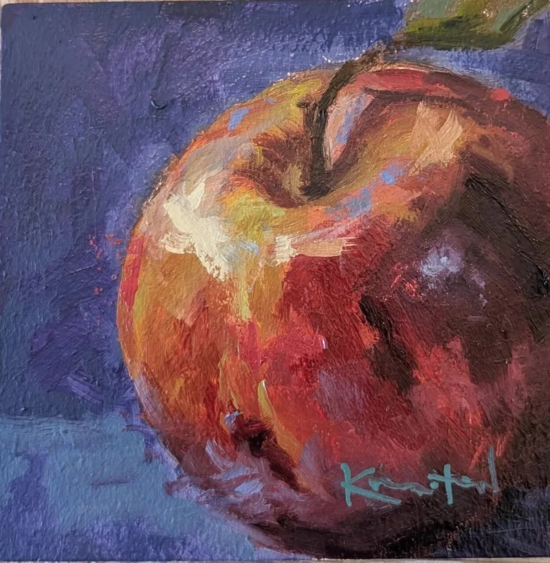 Colorful red and yellow apple painted with bold brushwork on blue background
