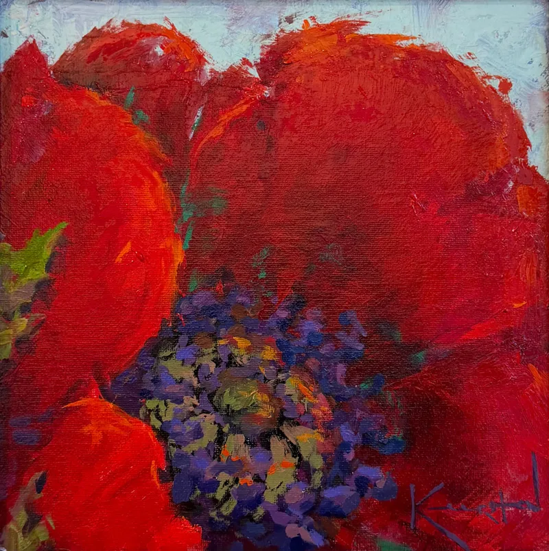 Large-scale close-up of a crimson bloom with a deep violet center, painted in bold strokes.