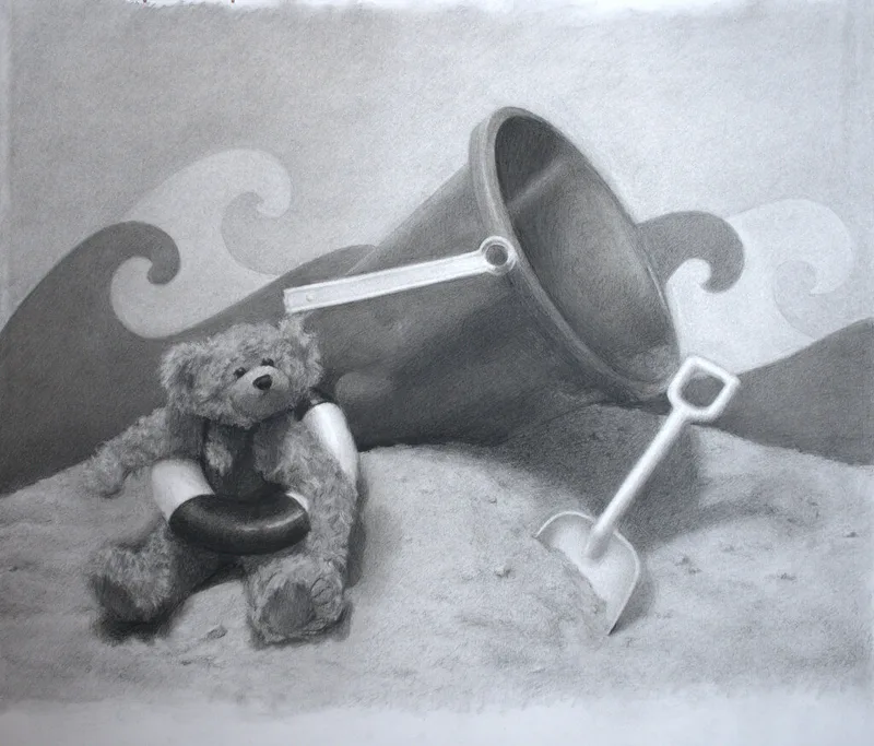 charcoal still life with teddy bear sand pail shovel and painted wave backdrop