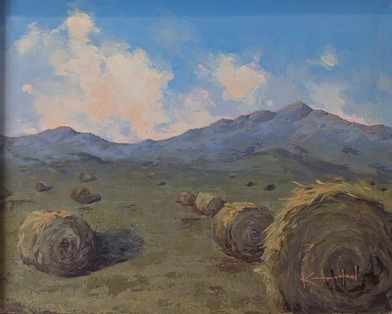 Round hay bales scattered across green valley beneath cloudy sky and mountains