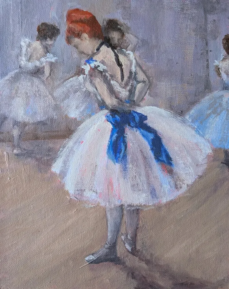 Impressionist ballet dancers in white tutus with blue sash in studio