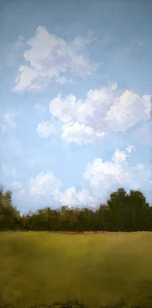 Tall sky with cumulus clouds above dark green treeline and grassy meadow