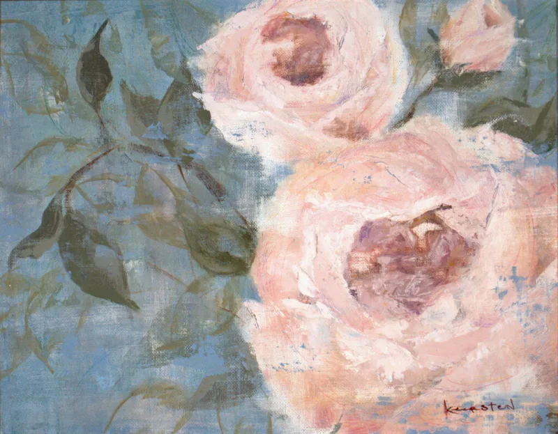 soft impressionistic painting of pink roses with green leaves on blue background
