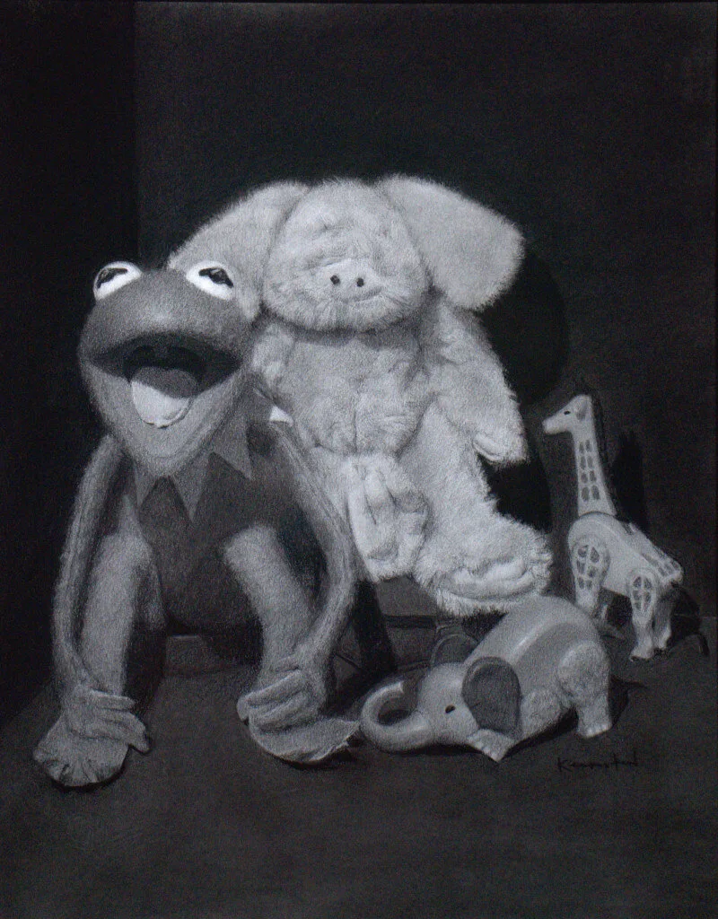 charcoal still life of a Kermit puppet plush pig giraffe and elephant toys
