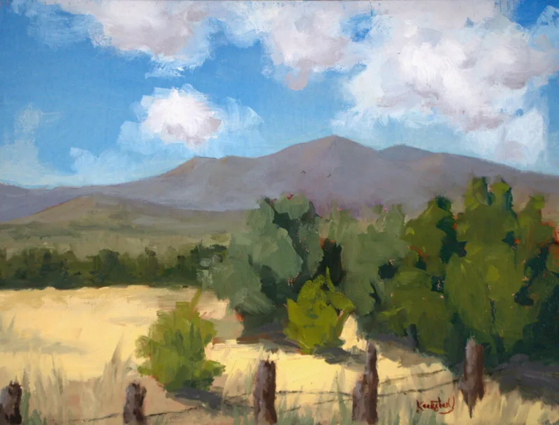 plein air landscape with mountains cumulus clouds trees and fenced grassy field
