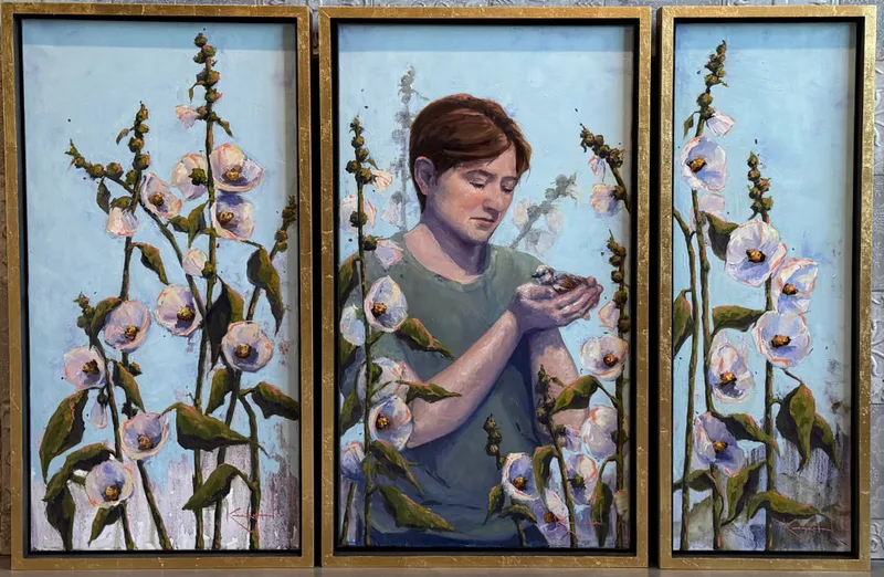 Three-panel painting of a girl among tall hollyhocks, framed as a triptych.
