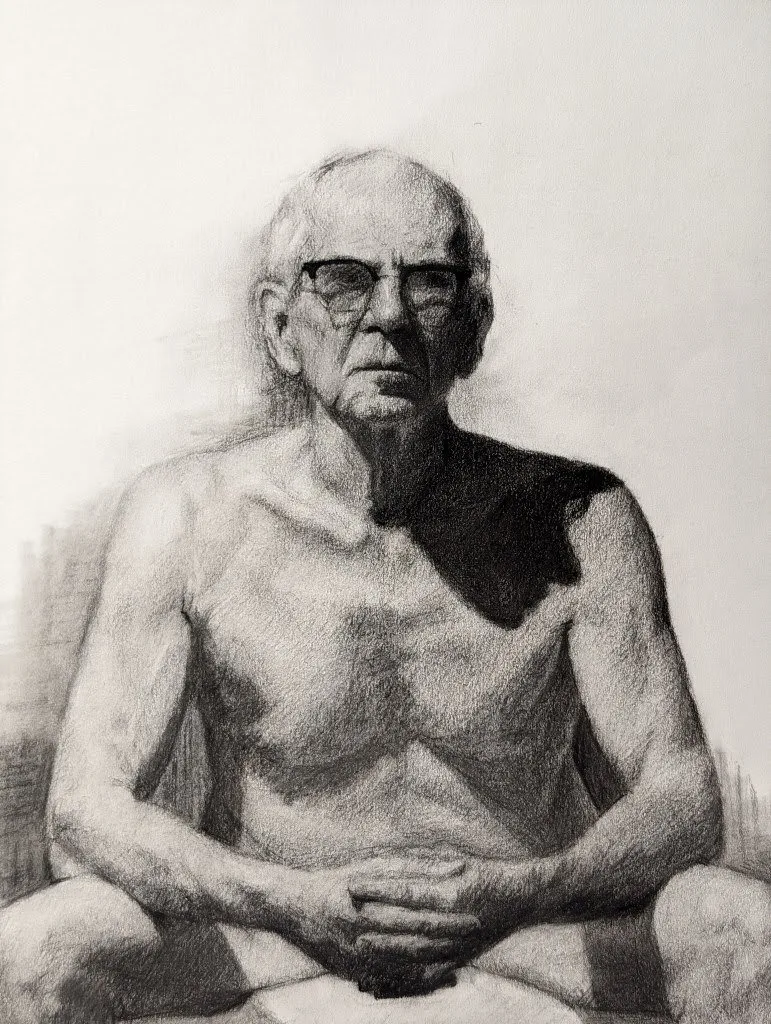 Charcoal drawing of a seated bald older man wearing glasses