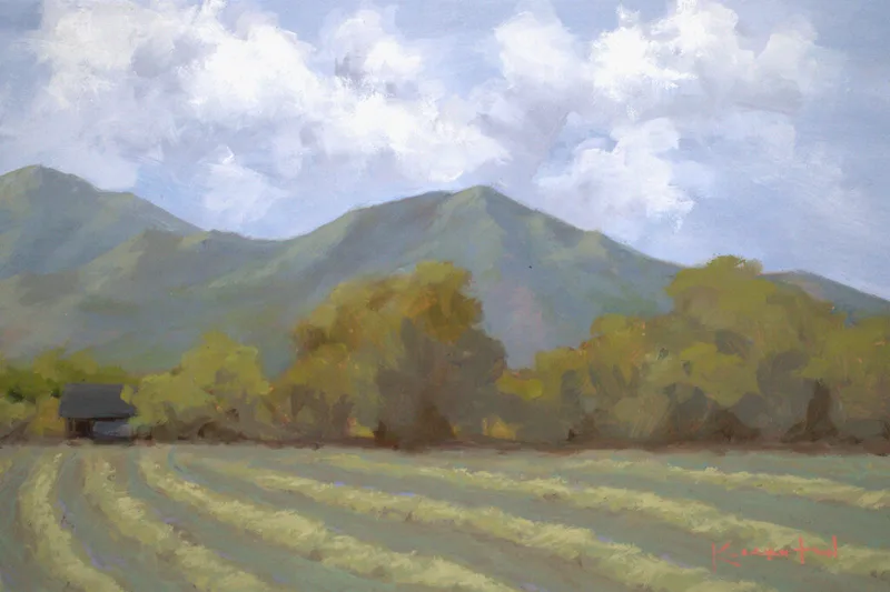 landscape with cut hay rows farmhouse green mountains and cumulus clouds