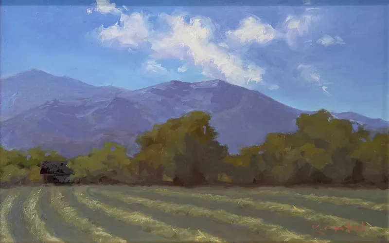 Rows of freshly cut hay leading toward hazy blue mountains under a summer sky.