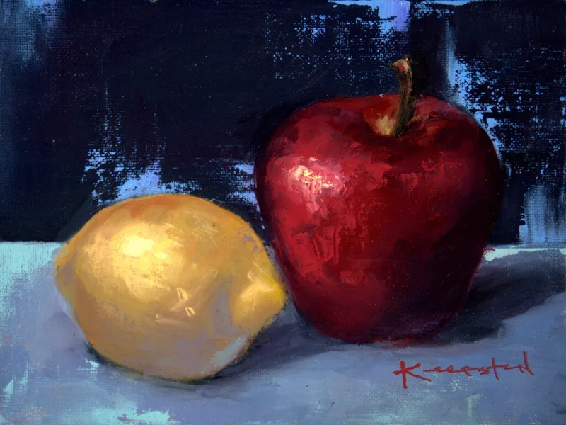 still life of a yellow lemon and red apple against a dark background