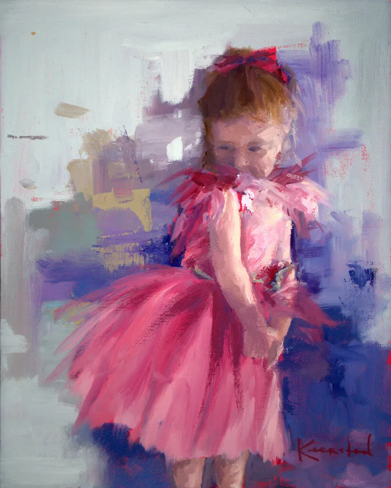 portrait of a young girl in pink feathered dress with red hair bow