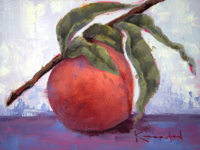 close-up still life of a single peach with leaves on a purple surface