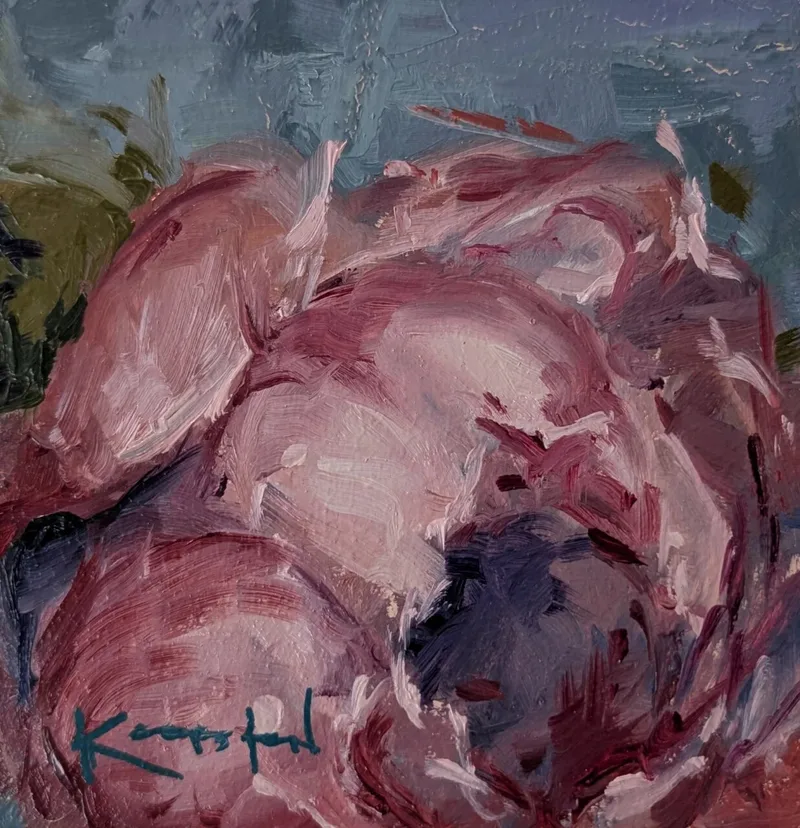 Loose impressionistic oil study of a single pink and purple cabbage head.