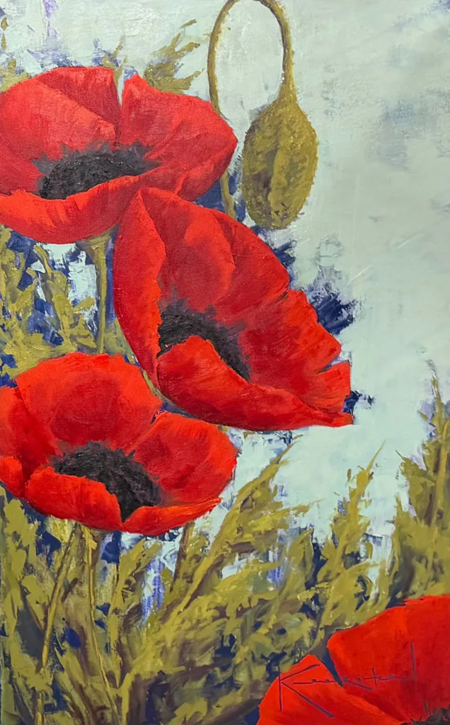 Red poppies on tall stems against a pale sky, vertical composition.