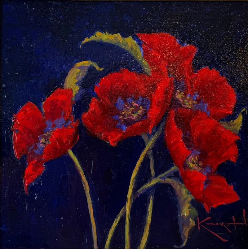 Red poppies and buds glowing against a dark background.