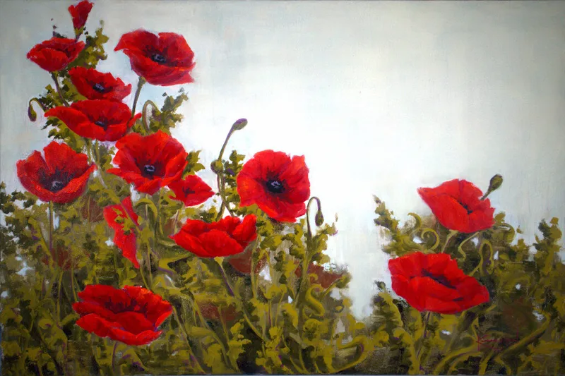 large painting of red poppies with green stems against pale gray background