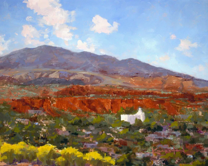 landscape with red rock cliffs distant mountains and small white temple amid greenery