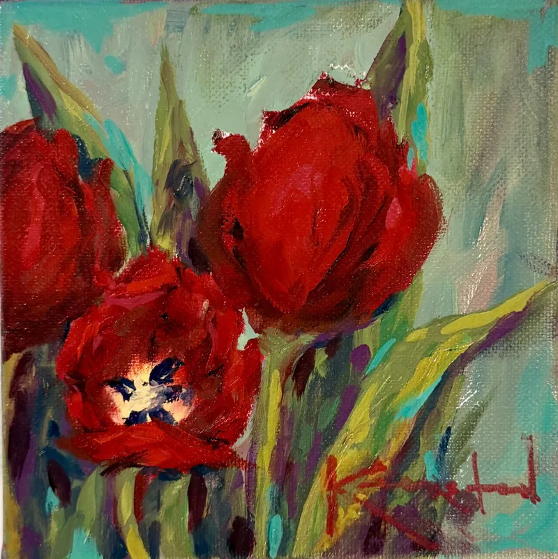 Red tulips with one bloom opened wide, painted in loose strokes.