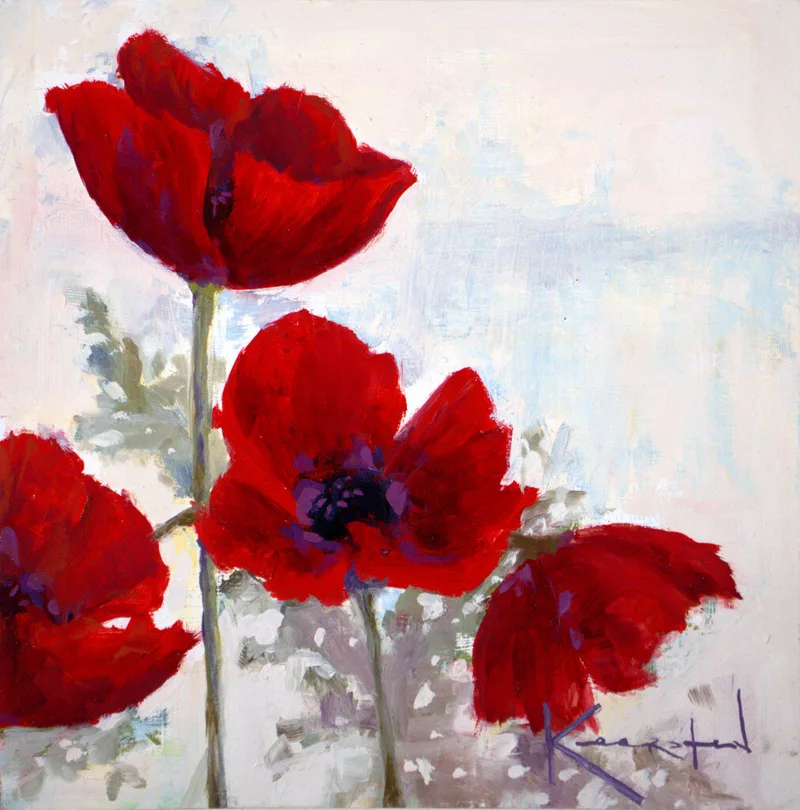 Three large red poppies against pale washed background with green foliage below