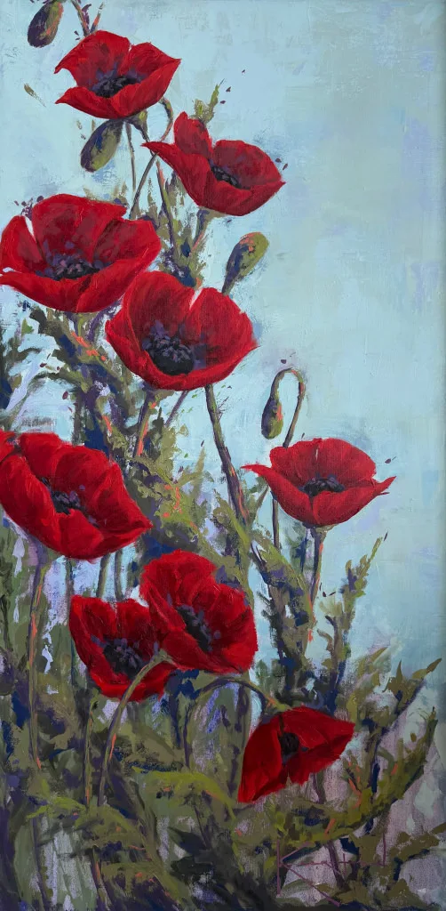 Red poppies and buds on slender stems, narrow vertical composition.