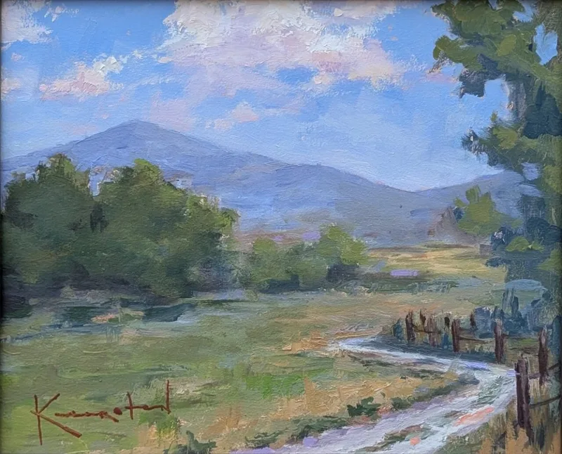 Sunlit valley with green meadow path winding toward distant blue mountains and clouds.
