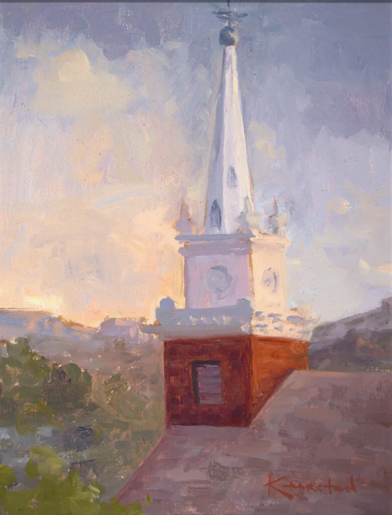 plein air painting of a white temple steeple at sunset with rolling hills