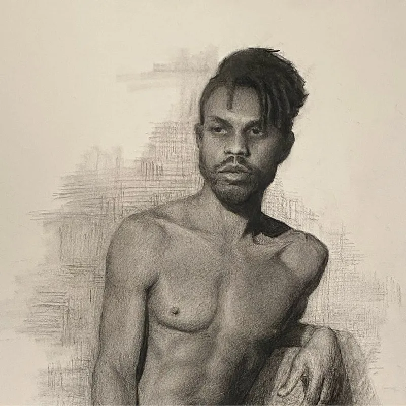 charcoal portrait study of a seated bearded man with crosshatched background