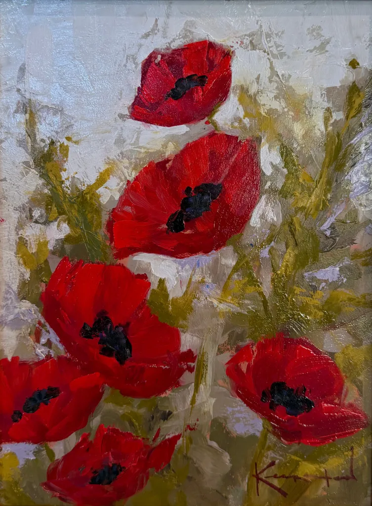 Loosely painted red poppies dancing on green stems.