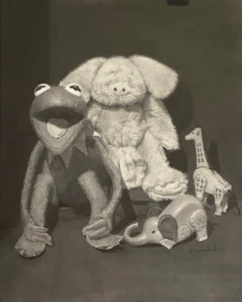 Charcoal drawing of well-loved toys — a plush frog and pig with wooden giraffe and elephant figurines.