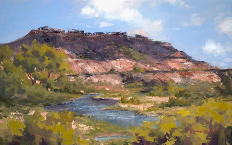 plein air landscape with red mesa cliffs river and lush green foliage