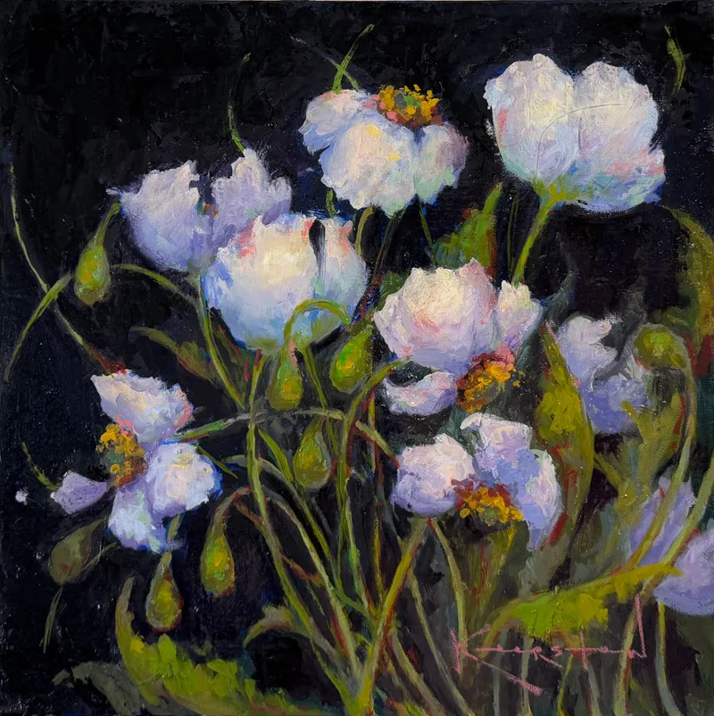 White poppy blooms with yellow centers on blue-green stems.